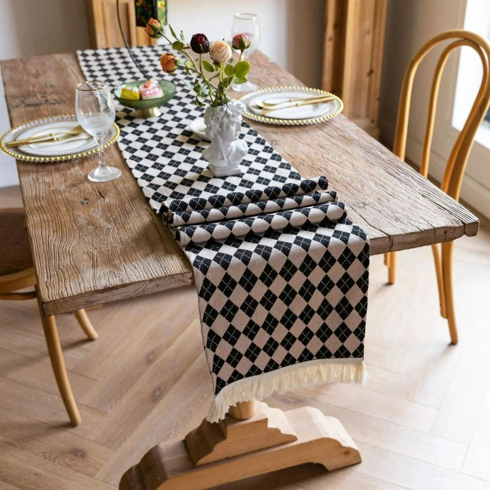 Table Runner Tasseled Checkered Microfiber Blend
