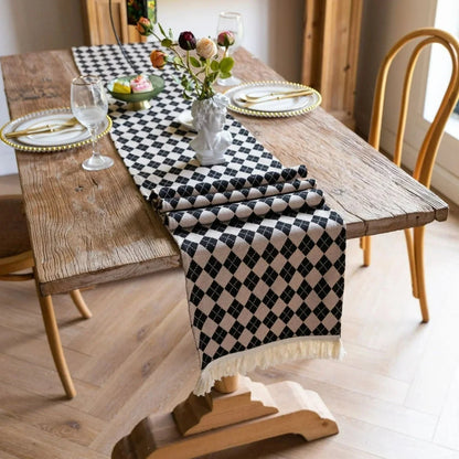 Table Runner Tasseled Checkered Microfiber Blend