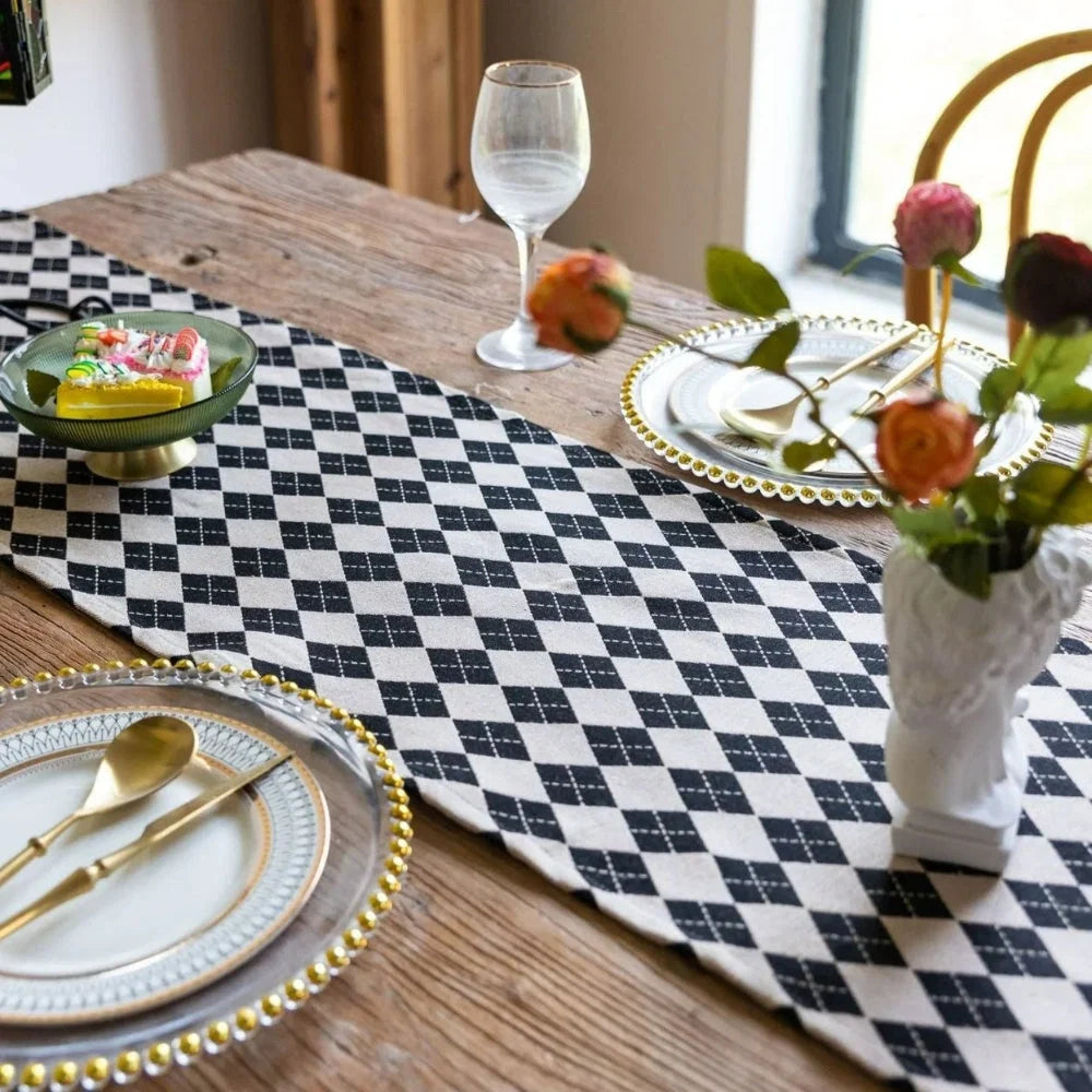 Table Runner Tasseled Checkered Microfiber Blend