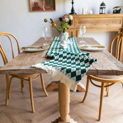 Table Runner Tasseled Checkered Microfiber Blend