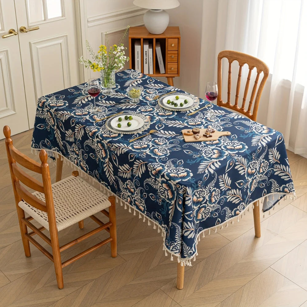 Tablecloth Boho Floral Tassel Trim Microfiber Blend