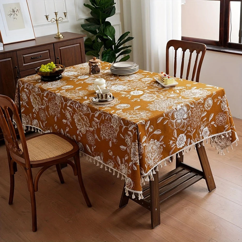 Tablecloth Boho Floral Tassel Trim Microfiber Blend