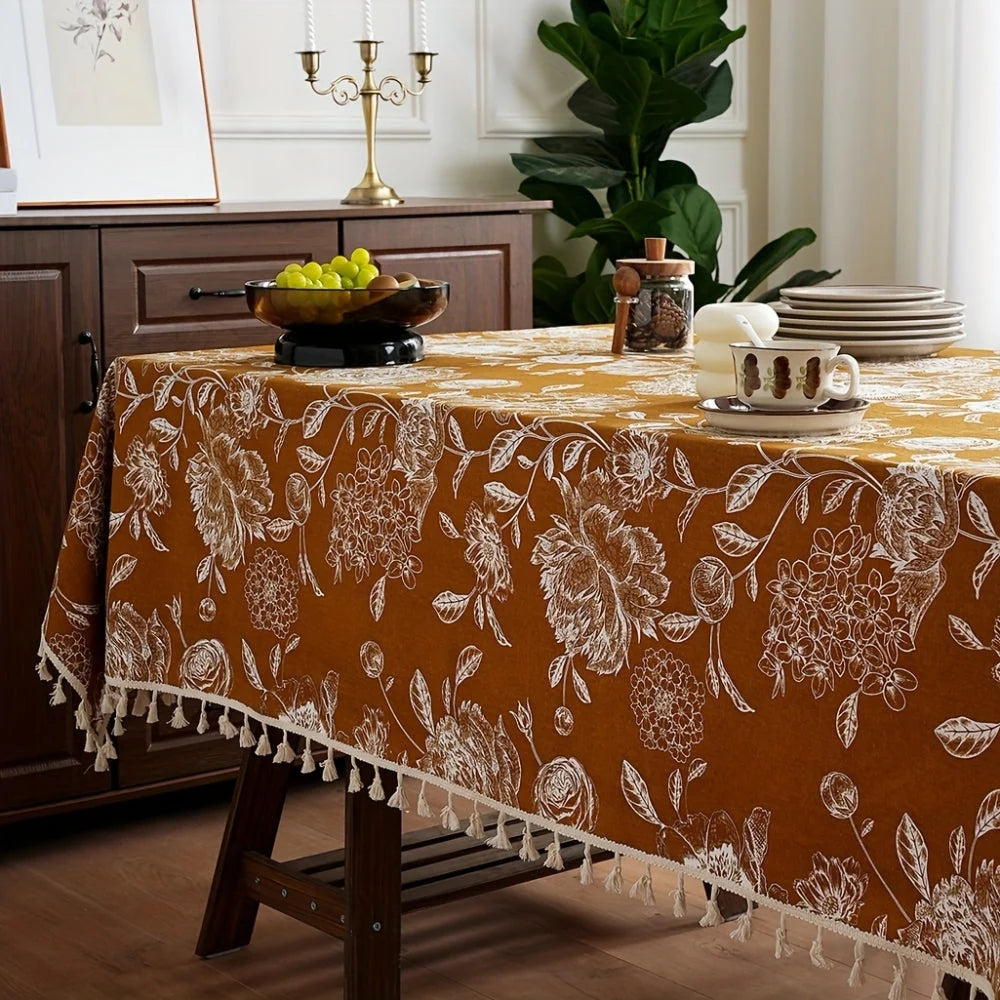 Tablecloth Boho Floral Tassel Trim Microfiber Blend