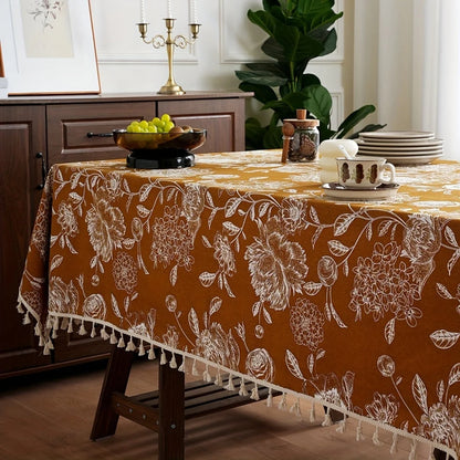 Tablecloth Boho Floral Tassel Trim Microfiber Blend