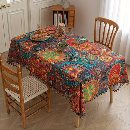 Tablecloth Boho Mandala Tassel Trim & Water-Resistant Microfiber