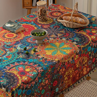 Tablecloth Boho Mandala Tassel Trim & Water-Resistant Microfiber