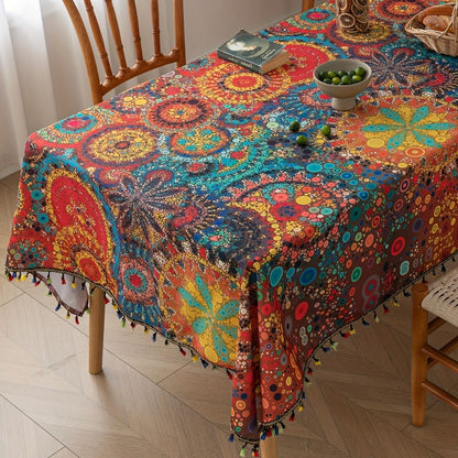 Tablecloth Boho Mandala Tassel Trim & Water-Resistant Microfiber