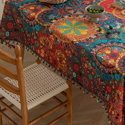 Tablecloth Boho Mandala Tassel Trim & Water-Resistant Microfiber