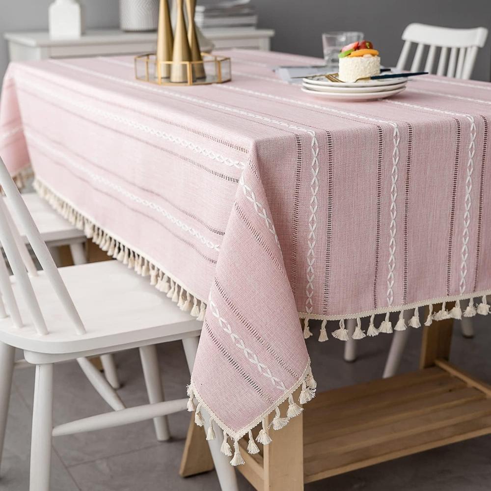 Tablecloth Cotton Linen Striped Embroidery & Tassel Lace