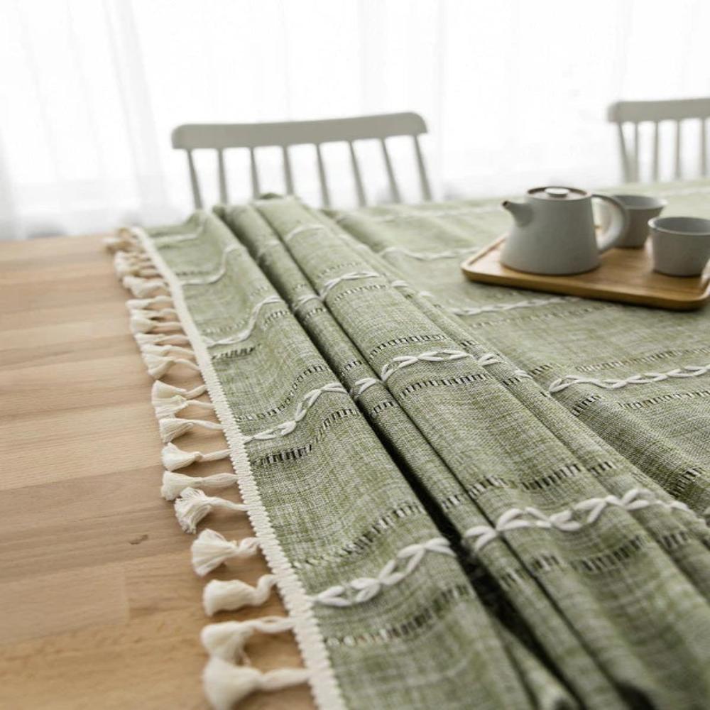 Tablecloth Cotton Linen Striped Embroidery & Tassel Lace