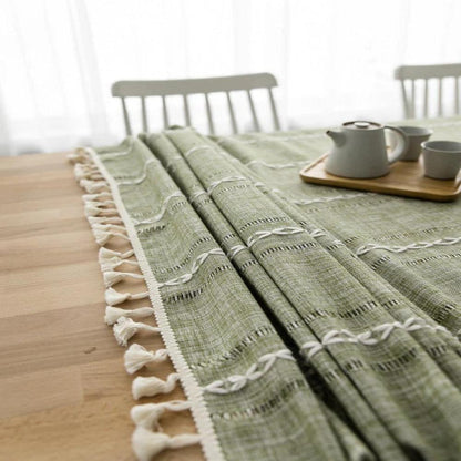 Tablecloth Cotton Linen Striped Embroidery & Tassel Lace