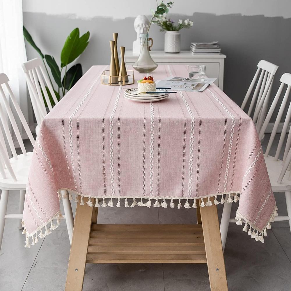 Tablecloth Cotton Linen Striped Embroidery & Tassel Lace