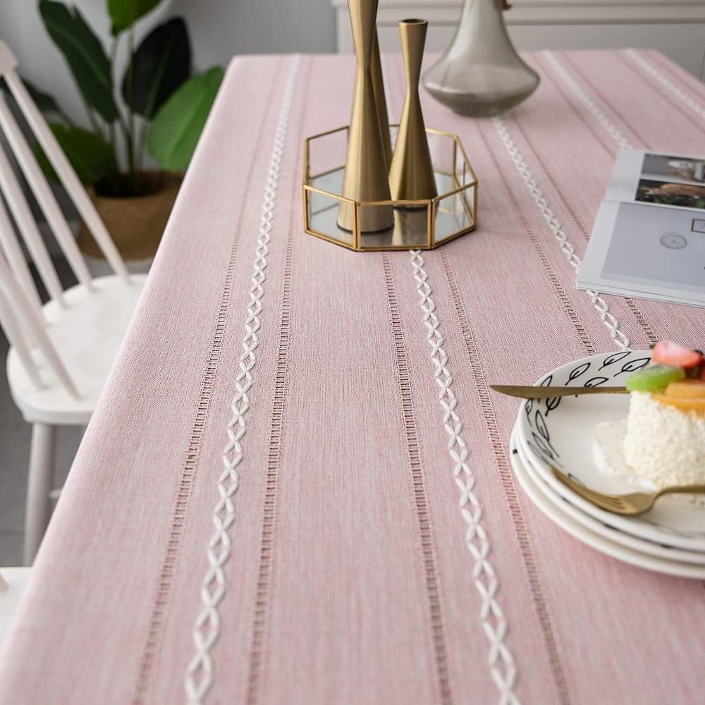 Tablecloth Cotton Linen Striped Embroidery & Tassel Lace
