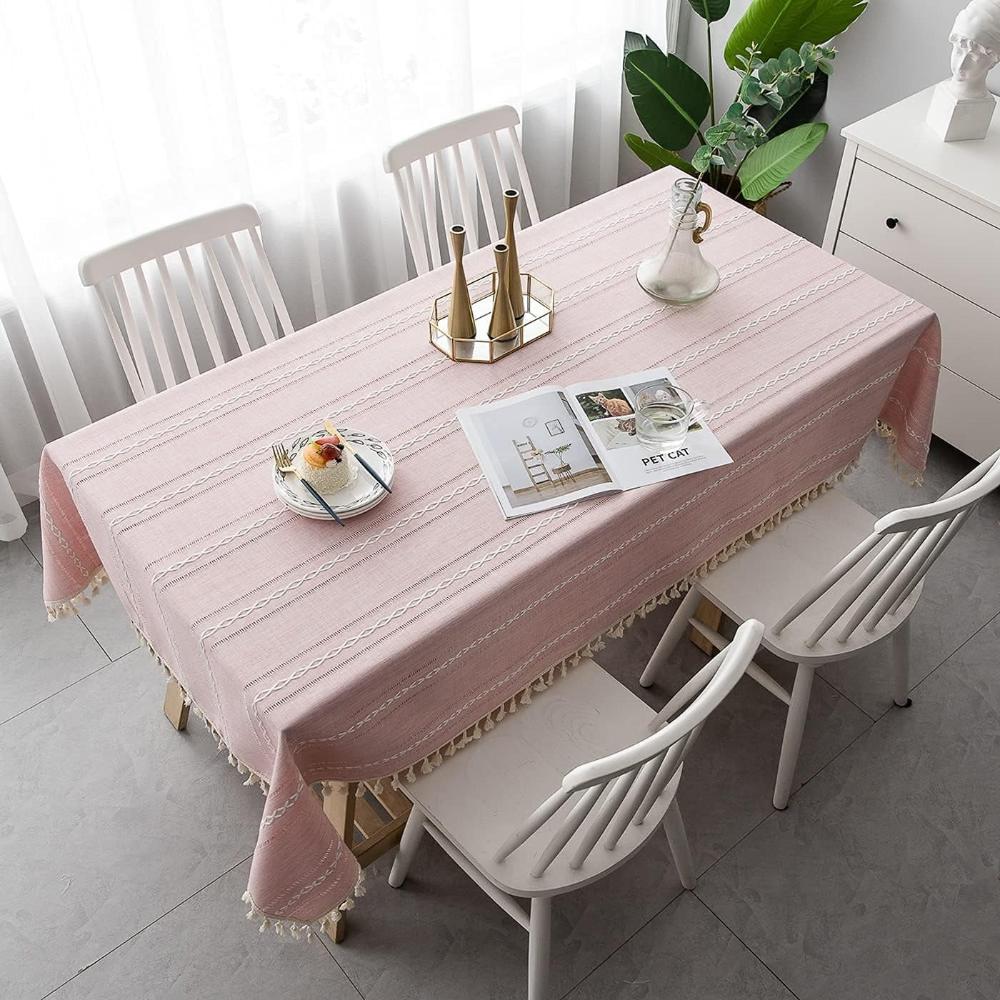 Tablecloth Cotton Linen Striped Embroidery & Tassel Lace