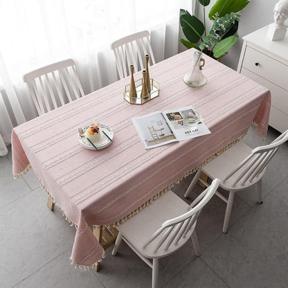 Tablecloth Cotton Linen Striped Embroidery & Tassel Lace