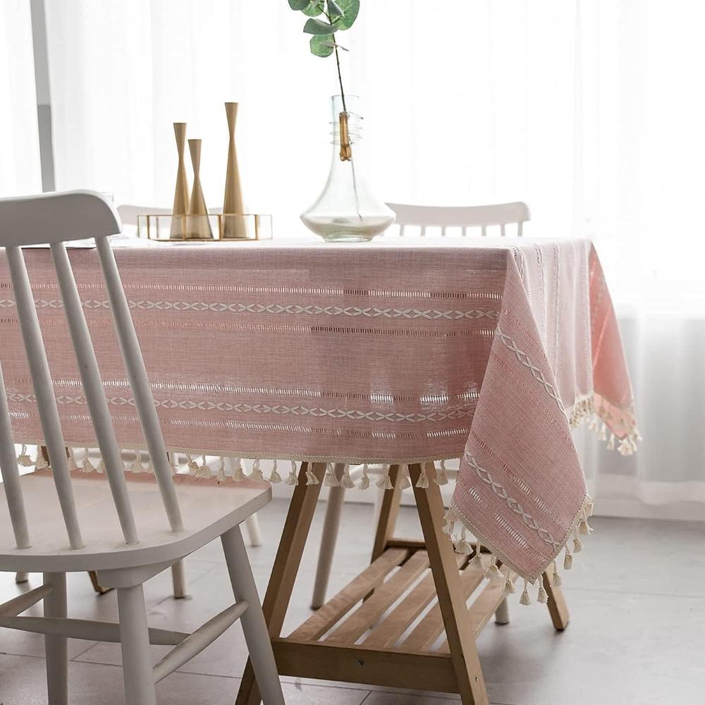Tablecloth Cotton Linen Striped Embroidery & Tassel Lace