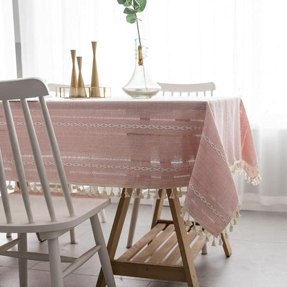 Tablecloth Cotton Linen Striped Embroidery & Tassel Lace