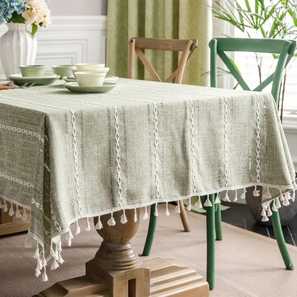 Tablecloth Cotton Linen Striped Embroidery & Tassel Lace