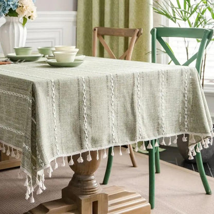 Tablecloth Cotton Linen Striped Embroidery & Tassel Lace
