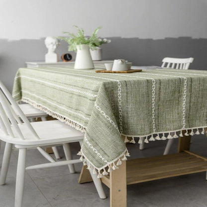 Tablecloth Cotton Linen Striped Embroidery & Tassel Lace