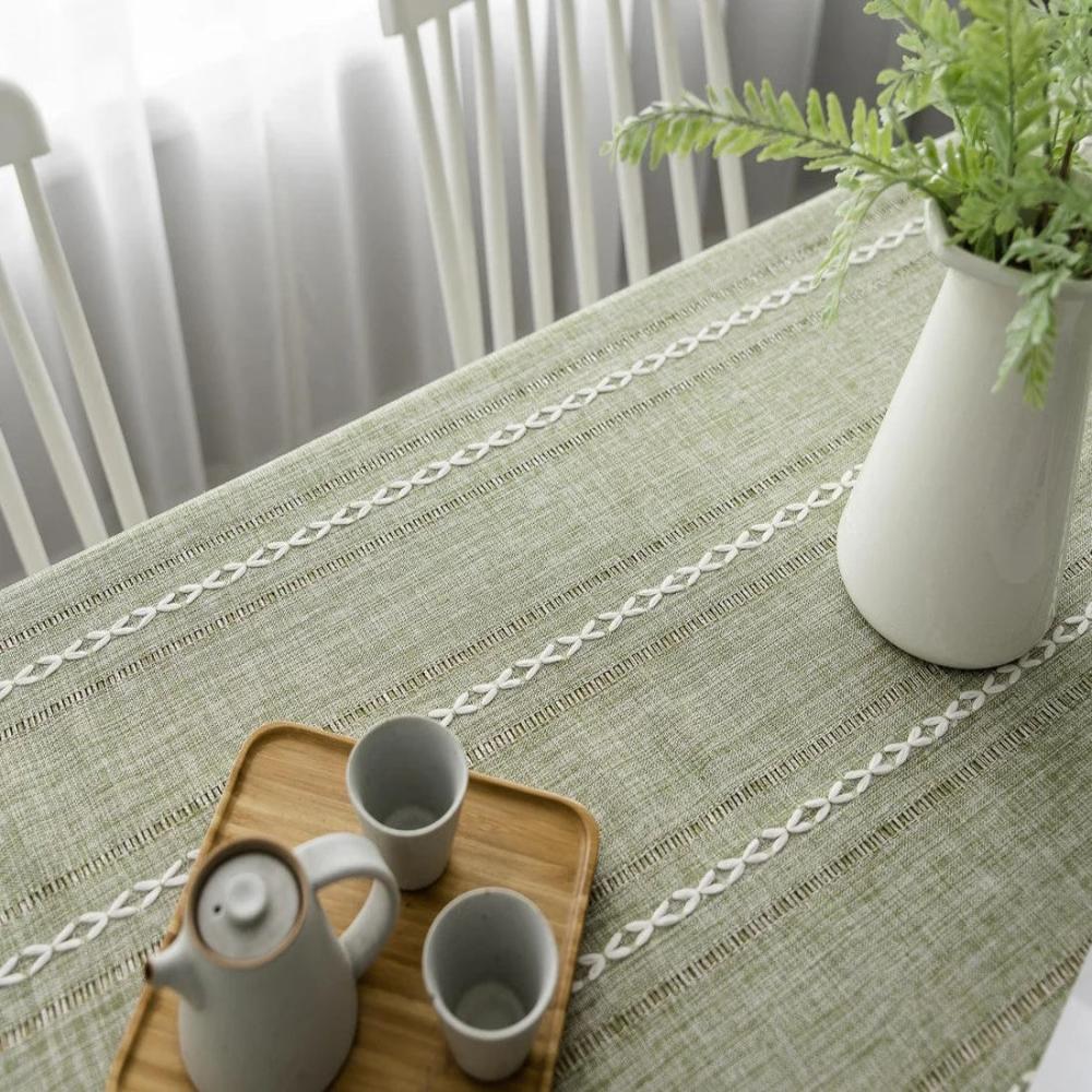 Tablecloth Cotton Linen Striped Embroidery & Tassel Lace
