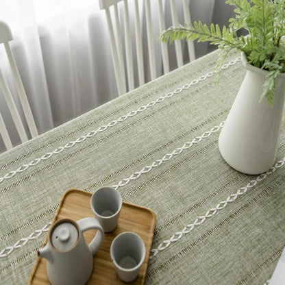 Tablecloth Cotton Linen Striped Embroidery & Tassel Lace