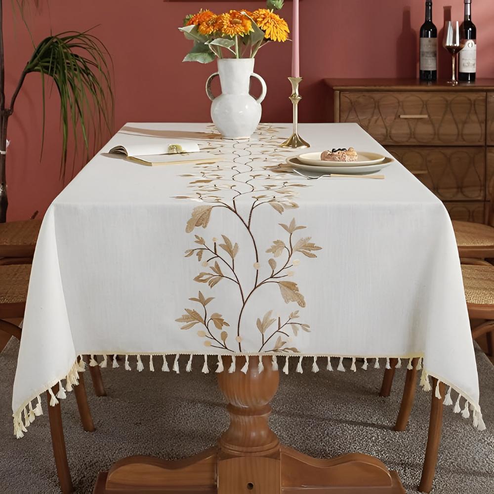 Tablecloth Embroidered Floral Tassel Trim Cotton-Linen Blend