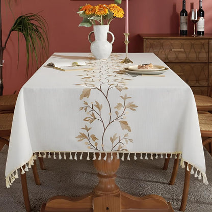 Tablecloth Embroidered Floral Tassel Trim Cotton-Linen Blend