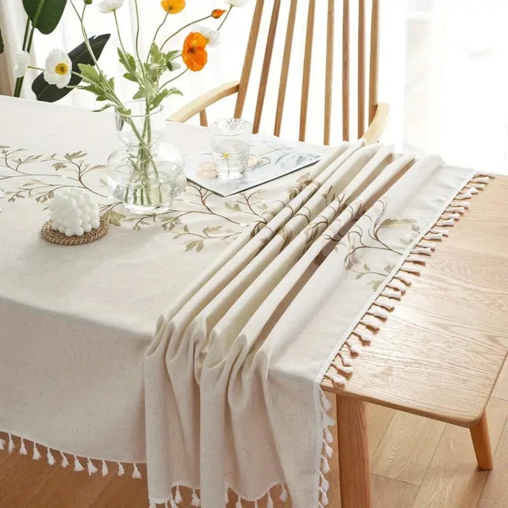 Tablecloth Embroidered Floral Tassel Trim Cotton-Linen Blend
