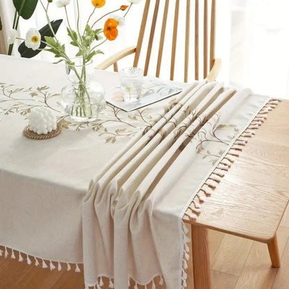 Tablecloth Embroidered Floral Tassel Trim Cotton-Linen Blend
