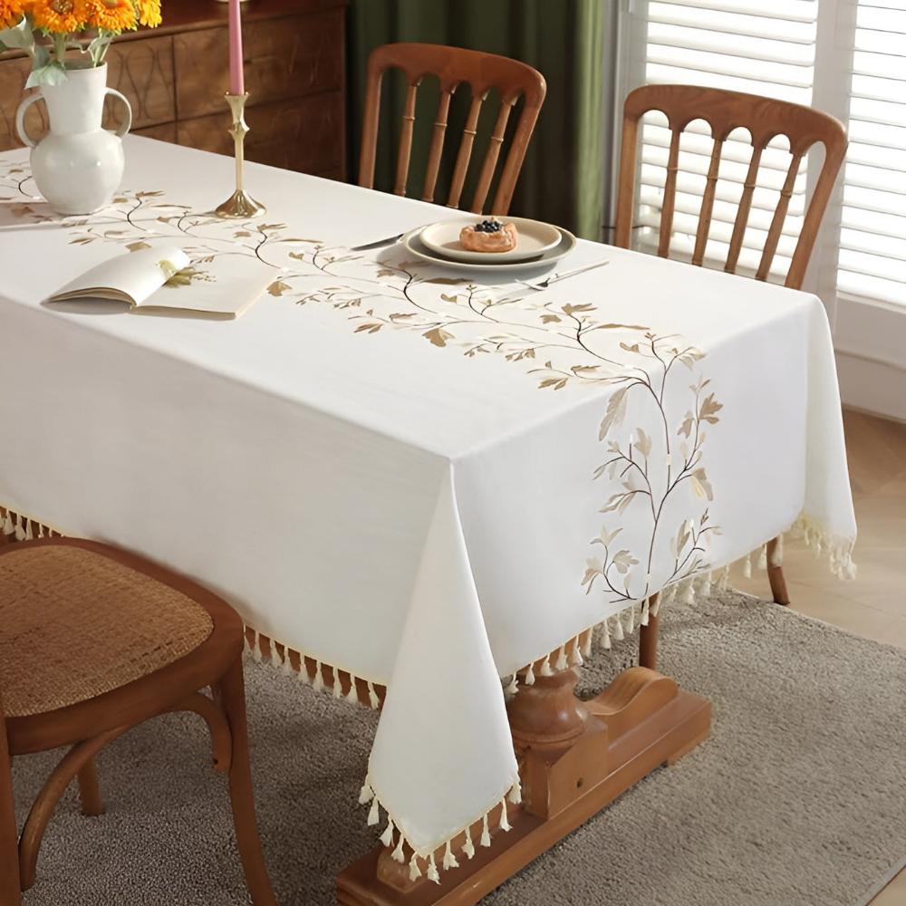 Tablecloth Embroidered Floral Tassel Trim Cotton-Linen Blend