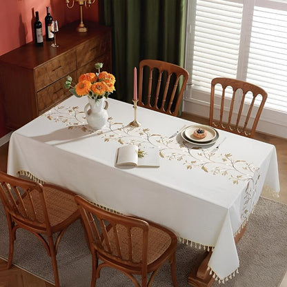 Tablecloth Embroidered Floral Tassel Trim Cotton-Linen Blend