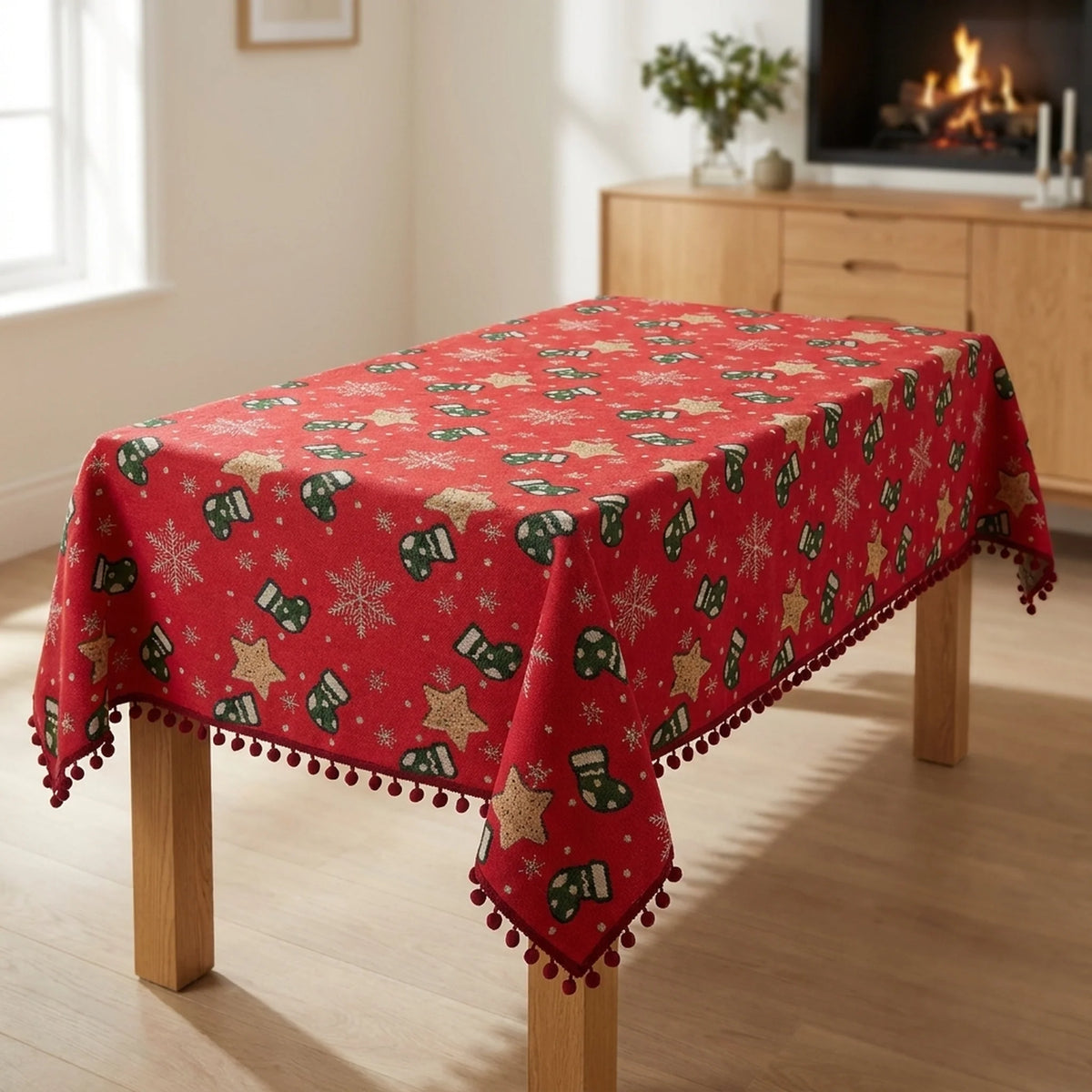 Tablecloth Festive Snowflakes & Stockings Multiple Sizes