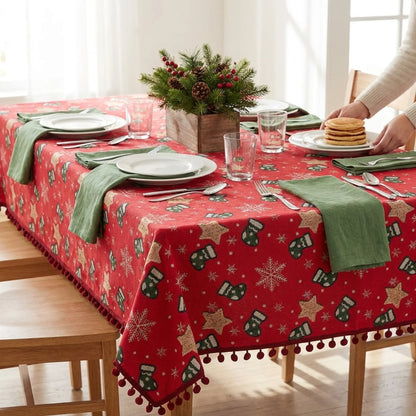 Tablecloth Festive Snowflakes & Stockings Multiple Sizes