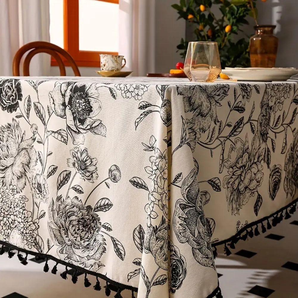 Tablecloth Floral Pattern Tassel Trim Cotton-Poly Blend