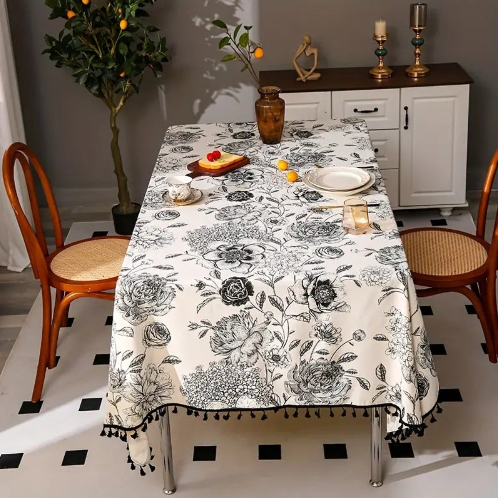 Tablecloth Floral Pattern Tassel Trim Cotton-Poly Blend
