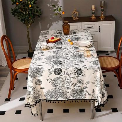Tablecloth Floral Pattern Tassel Trim Cotton-Poly Blend