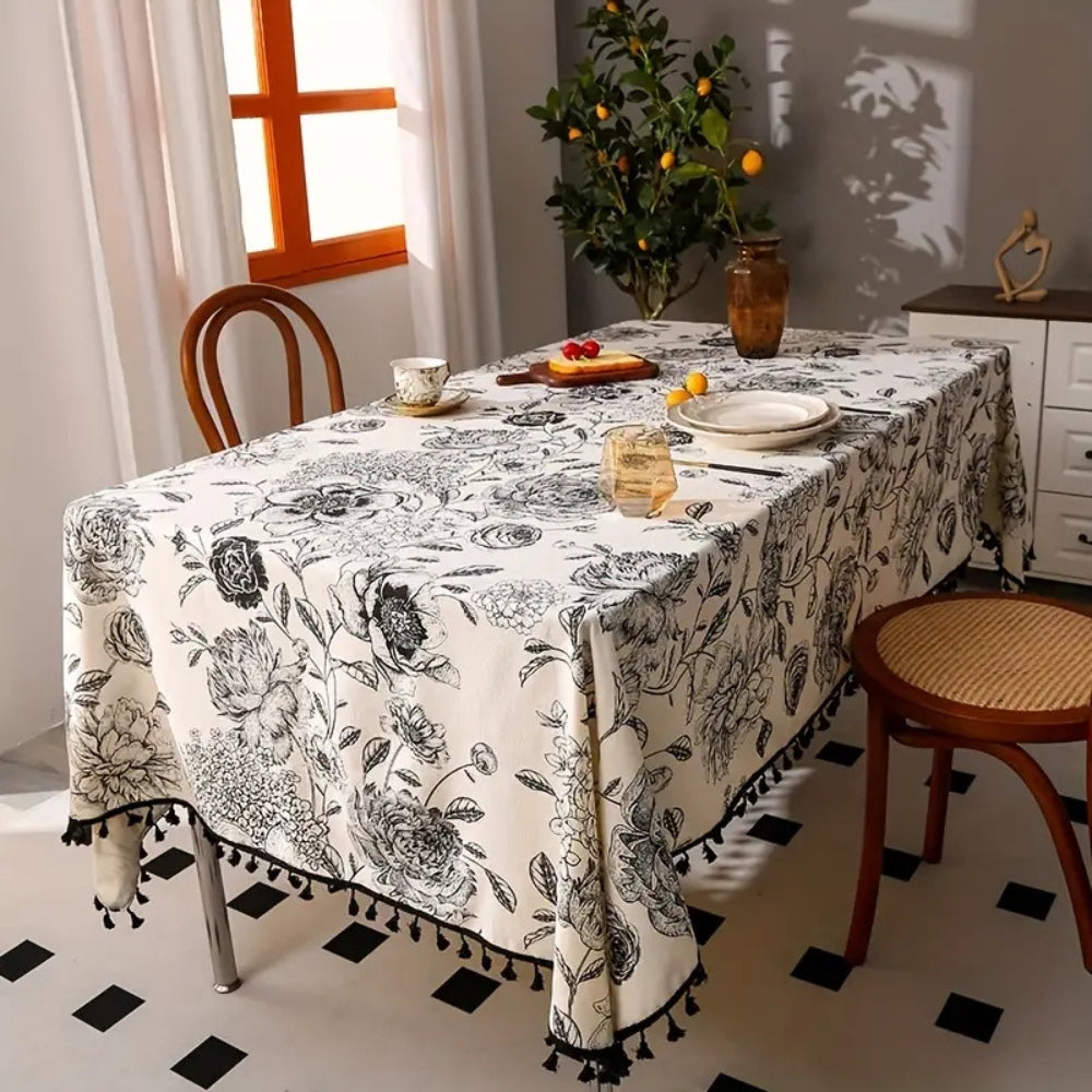 Tablecloth Floral Pattern Tassel Trim Cotton-Poly Blend