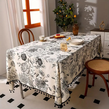 Tablecloth Floral Pattern Tassel Trim Cotton-Poly Blend