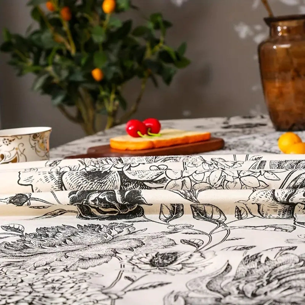Tablecloth Floral Pattern Tassel Trim Cotton-Poly Blend