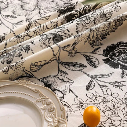 Tablecloth Floral Pattern Tassel Trim Cotton-Poly Blend