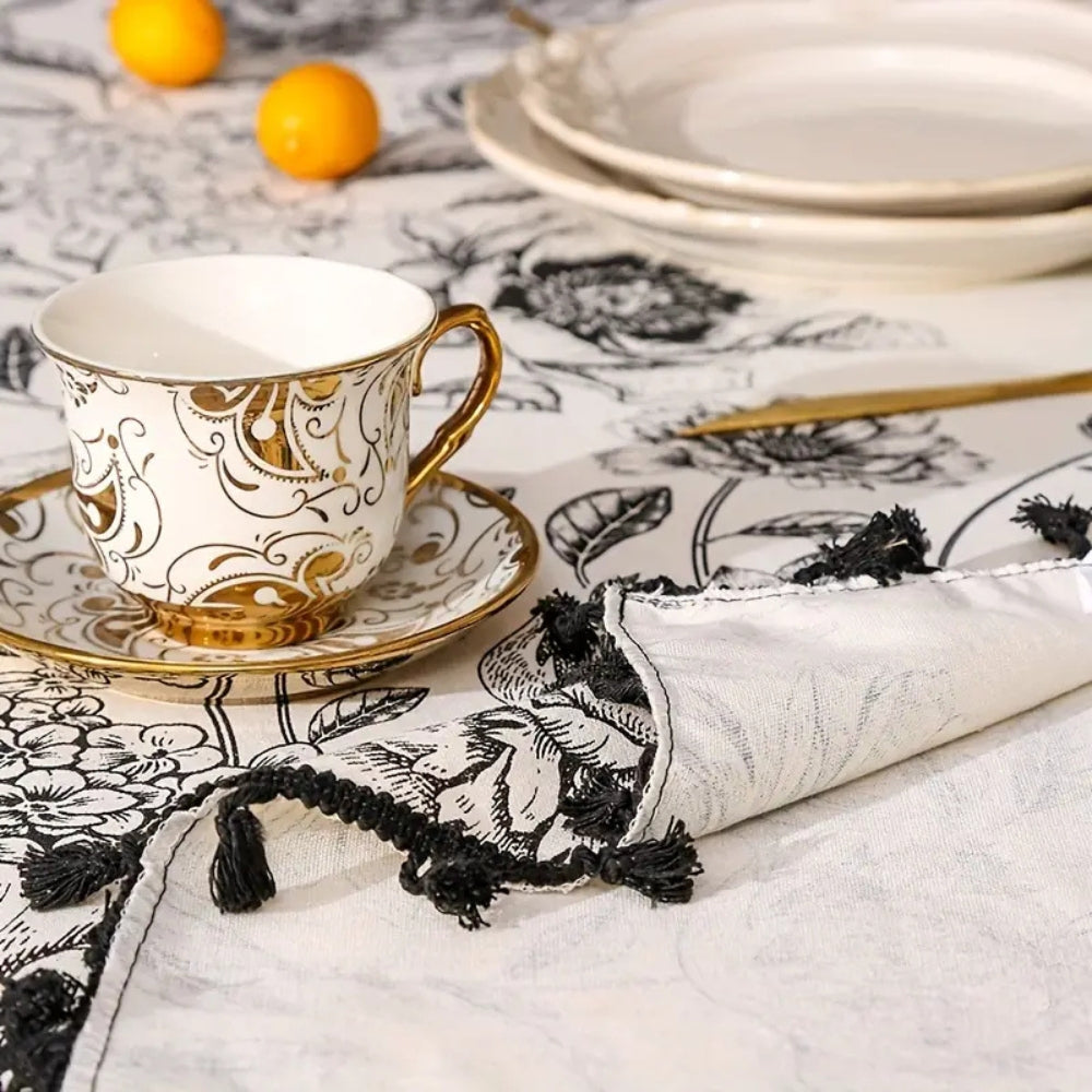 Tablecloth Floral Pattern Tassel Trim Cotton-Poly Blend