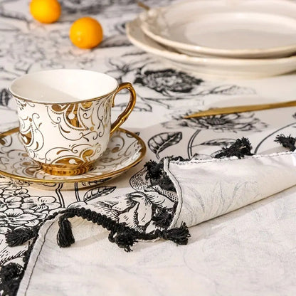 Tablecloth Floral Pattern Tassel Trim Cotton-Poly Blend