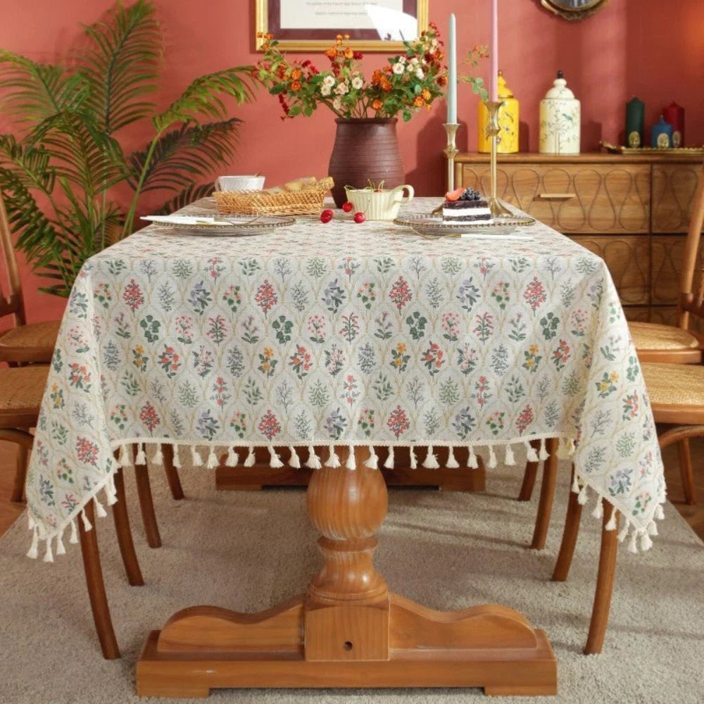 Tablecloth Floral Tassel Trim Microfiber & Machine Washable