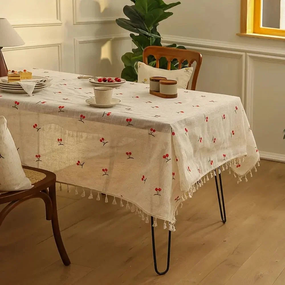 Tablecloth Microfiber Blend Cherry Embroidery Tassel Edges
