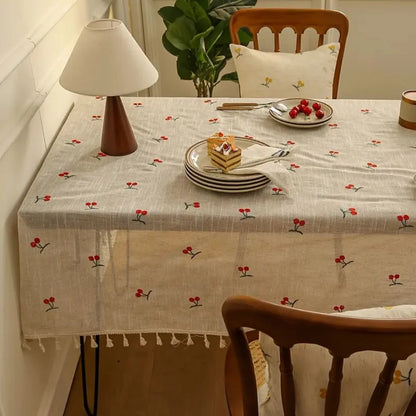 Tablecloth Microfiber Blend Cherry Embroidery Tassel Edges