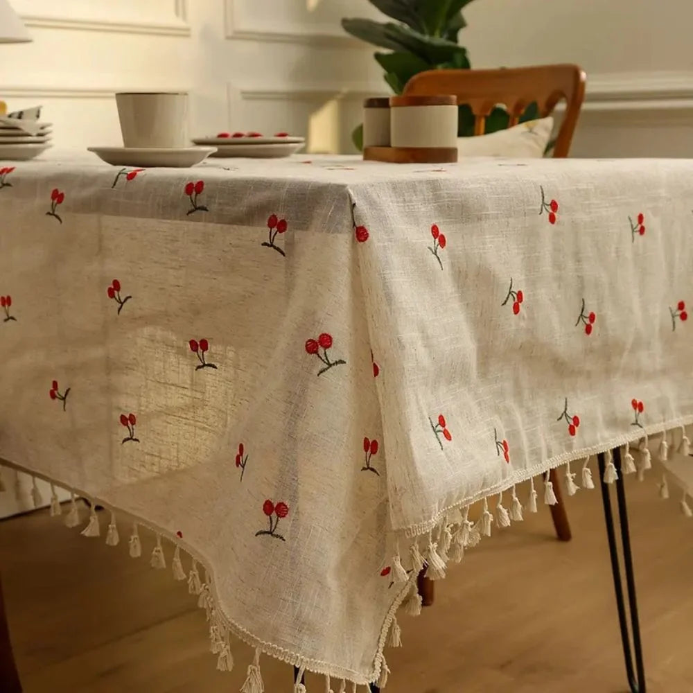 Tablecloth Microfiber Blend Cherry Embroidery Tassel Edges