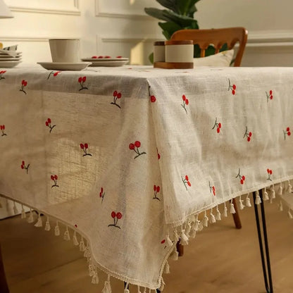 Tablecloth Microfiber Blend Cherry Embroidery Tassel Edges