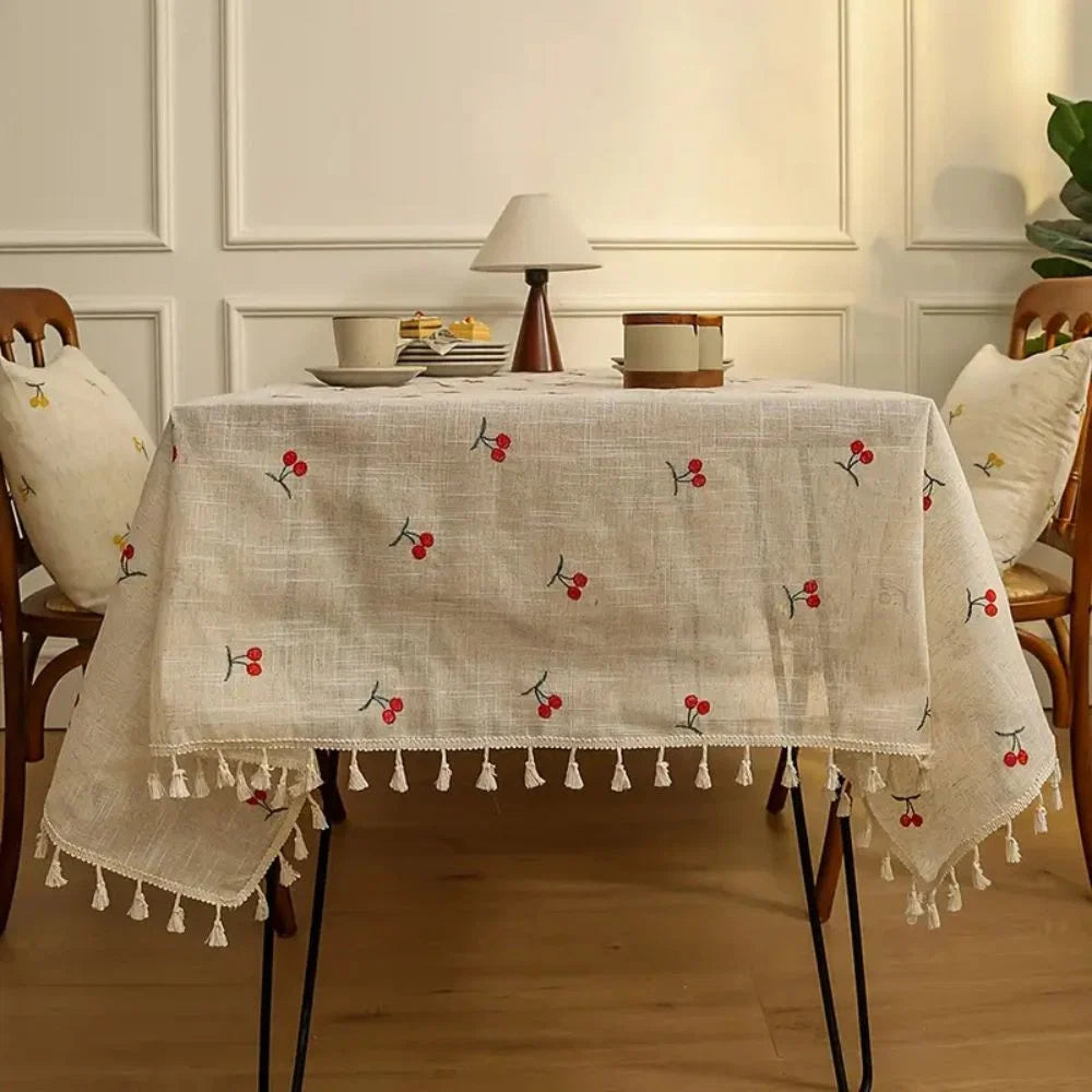 Tablecloth Microfiber Blend Cherry Embroidery Tassel Edges