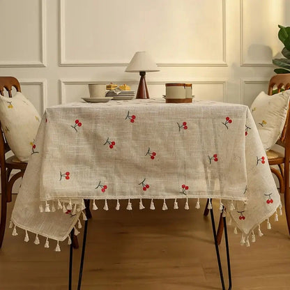 Tablecloth Microfiber Blend Cherry Embroidery Tassel Edges